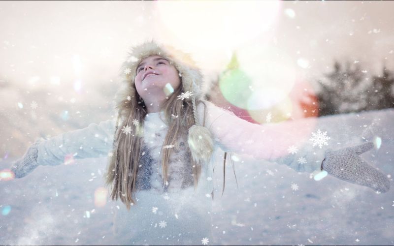 snowflakes holiday overlay on an image of a girl in snow