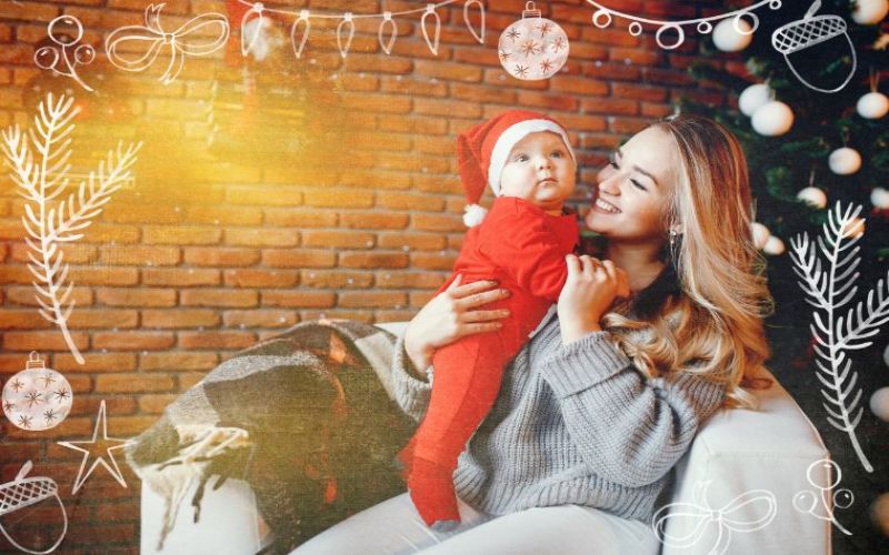 christmas overlay applied to an image of a mother and baby