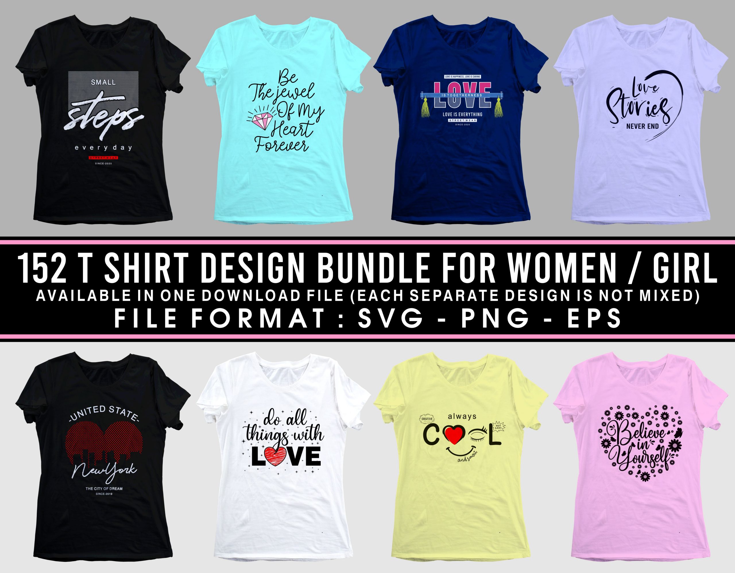 Women's T-Shirt Designs Bundle With 152+ Graphics