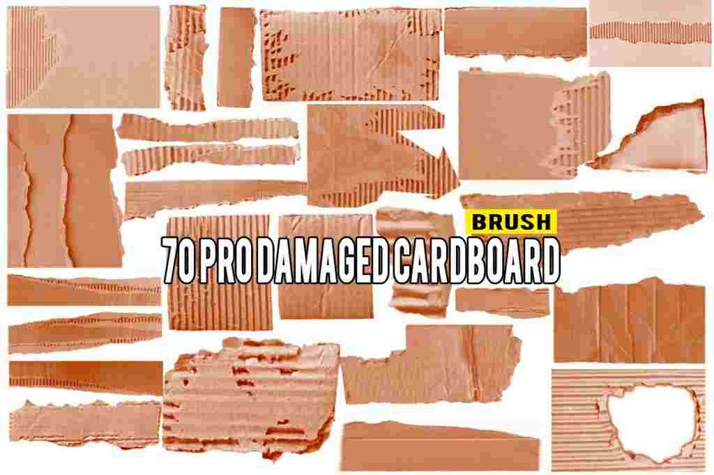 A preview image of 70 pro Damaged Cardboard photoshop brushes included in the mega bundle