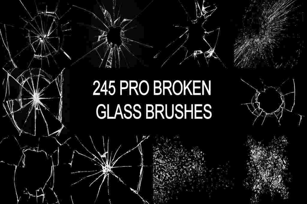 A preview image of 245 pro broken glass photoshop brushes included in the mega bundle