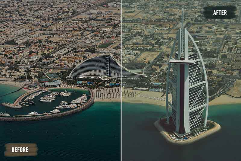 Cinematic Drone Professional LUTS preview before and after image