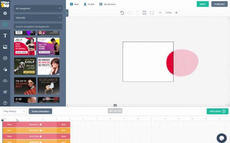 online banner maker feature - Timeline with transition effects & pulsation to control your animation