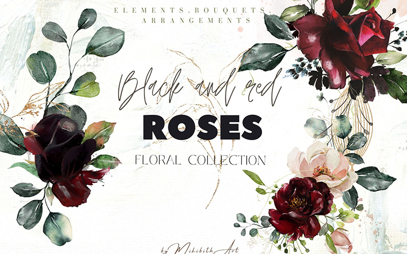 black and red roses floral collection feature image black and red roses Botanical Illustrations Bundle feature image