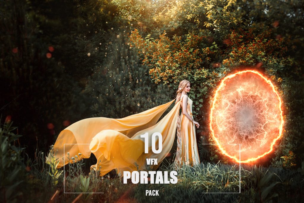 beautiful Russian folk princess is standing in fantasy forest. magic arch natural green leaves, tree. Long blond braid hair. Woman queen. yellow elegant dress, cape cloak fly in wind. Сosplay rapunzel
