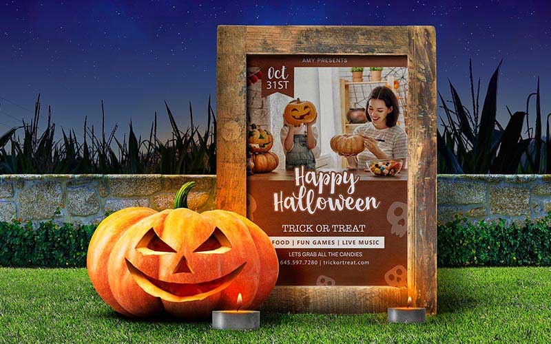 A Halloween Banner with a photo of a girl holding a pumpkin