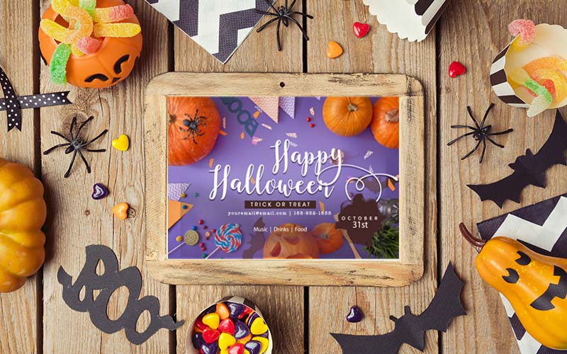 Halloween Cards Mockup in a wooden frame surrounded by bats