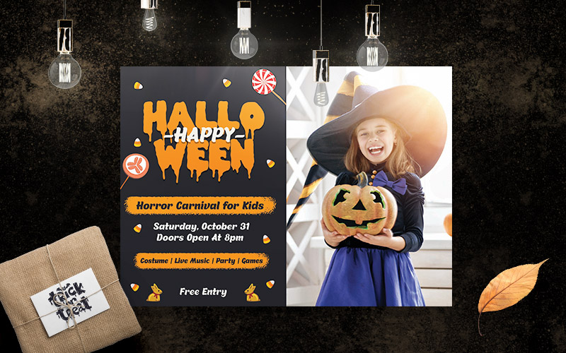 A little girl holding a halloween pumpkin with a Halloween invitation Banner