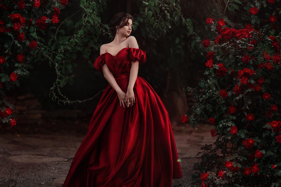 women in red gown