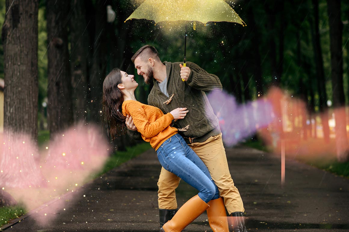 men with umbrella in this one hand and women in another