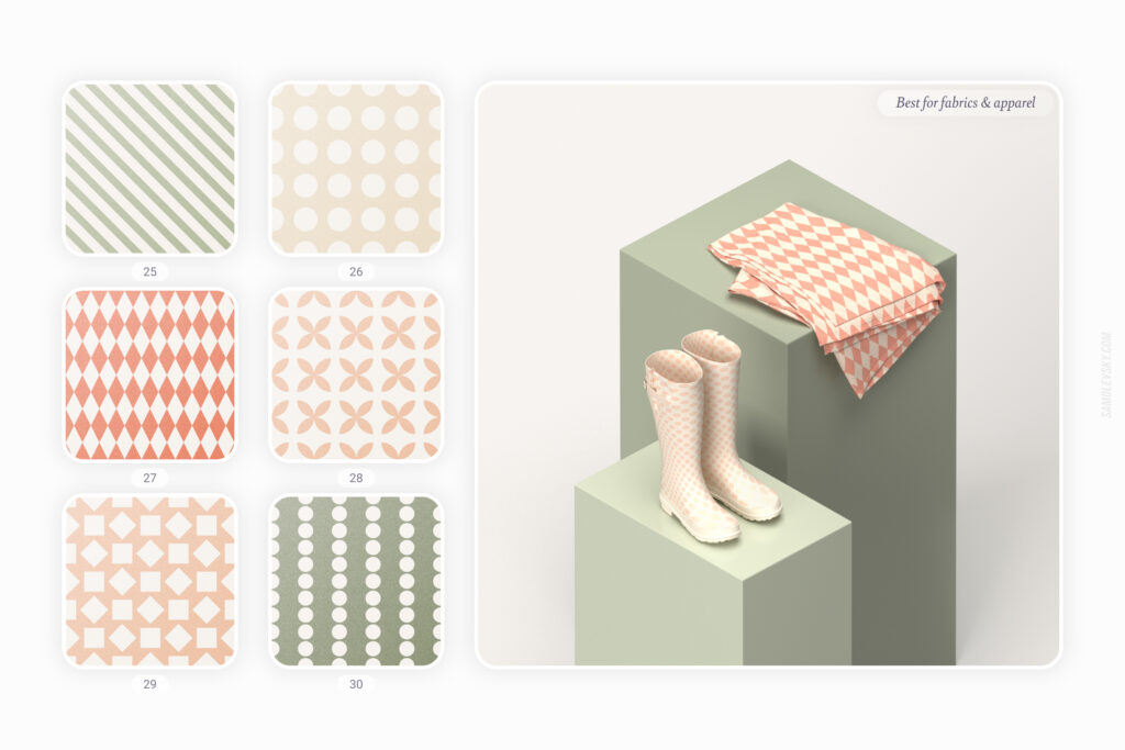 retro patterns previews collage and mockup on a pair of boots and a fabric