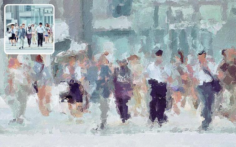 Impression – Photo to Painting photoshop Action applied to an image of people walking