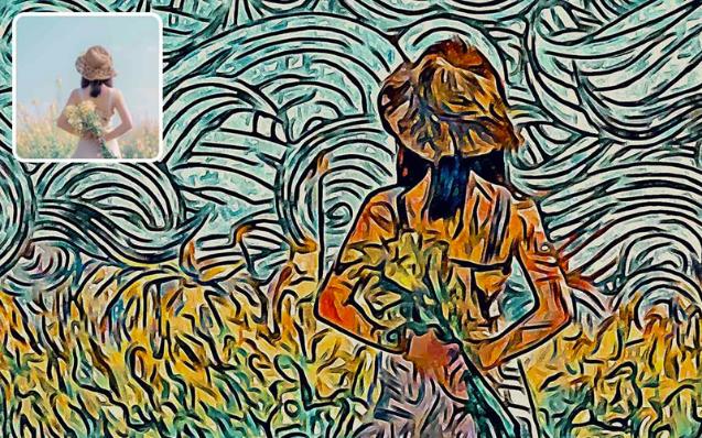 prisma photoshop action on an image of a woman in a flower field