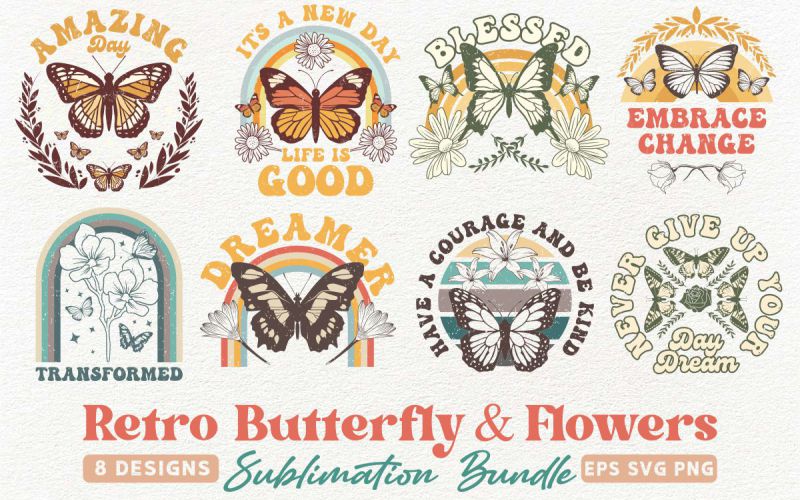 Retro Butterfly T-Shirt Designs Bundle