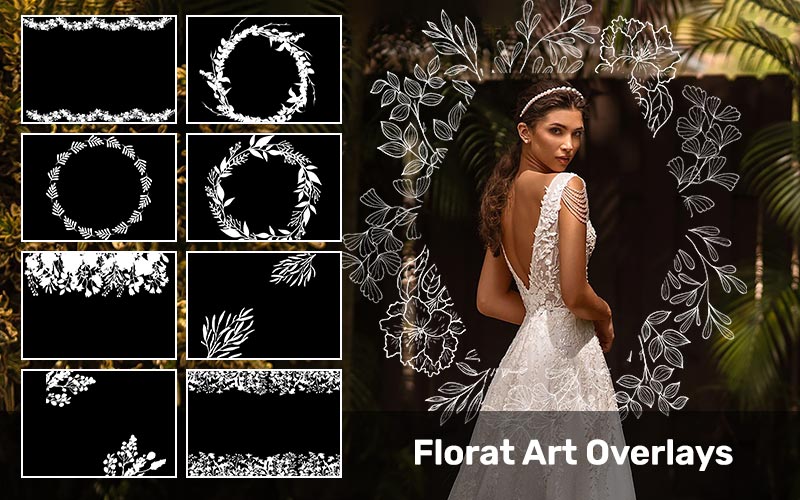floral art overlays Preview along with the application of the same on an image of a woman.