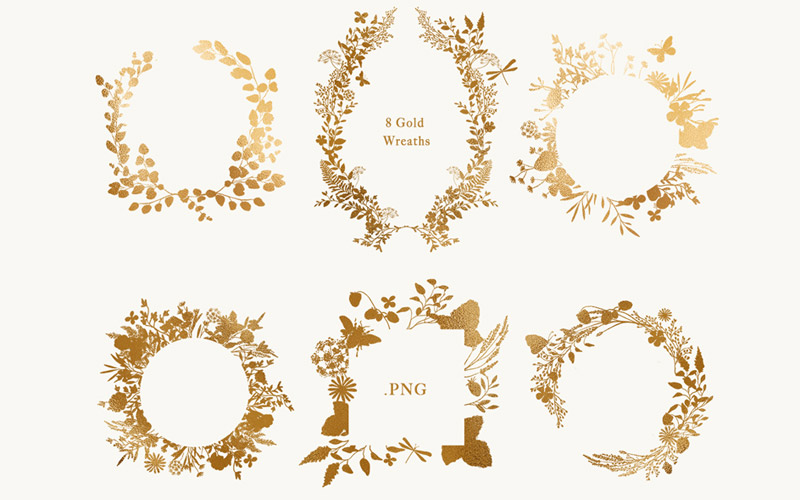 hand drawn watercolor golden wreaths 