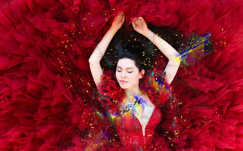 application on an image of a woman in red Transparent overlays applied to a woman's image