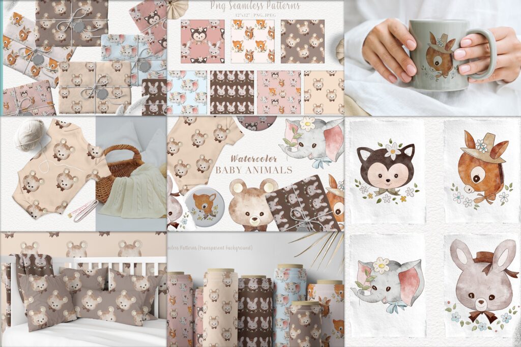 watercolor-baby-animals seamless patterns Collage of the preview images of watercolor-baby-animals seamless patterns and more cute illustrations
