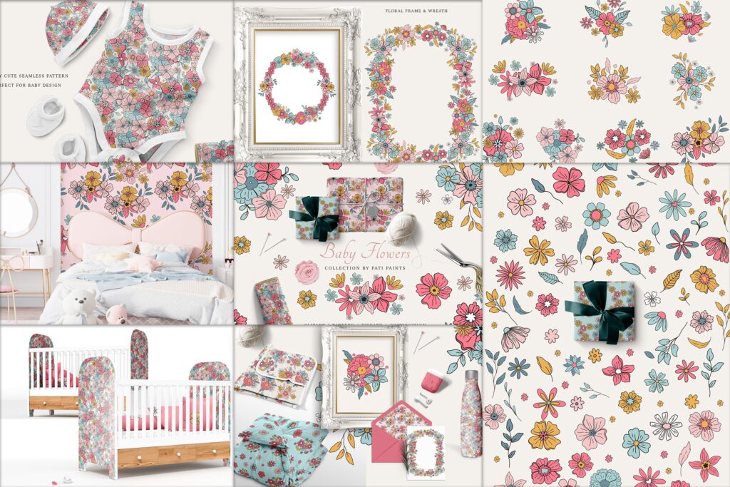 baby-flowers collection- floral wreaths, floral frames and seamless patterns