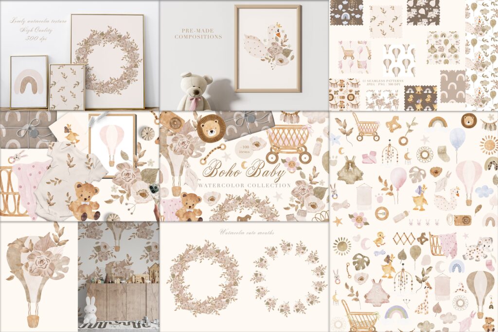 Collage of the preview images of boho-baby watercolor collection of wreaths, compositions, florals and more