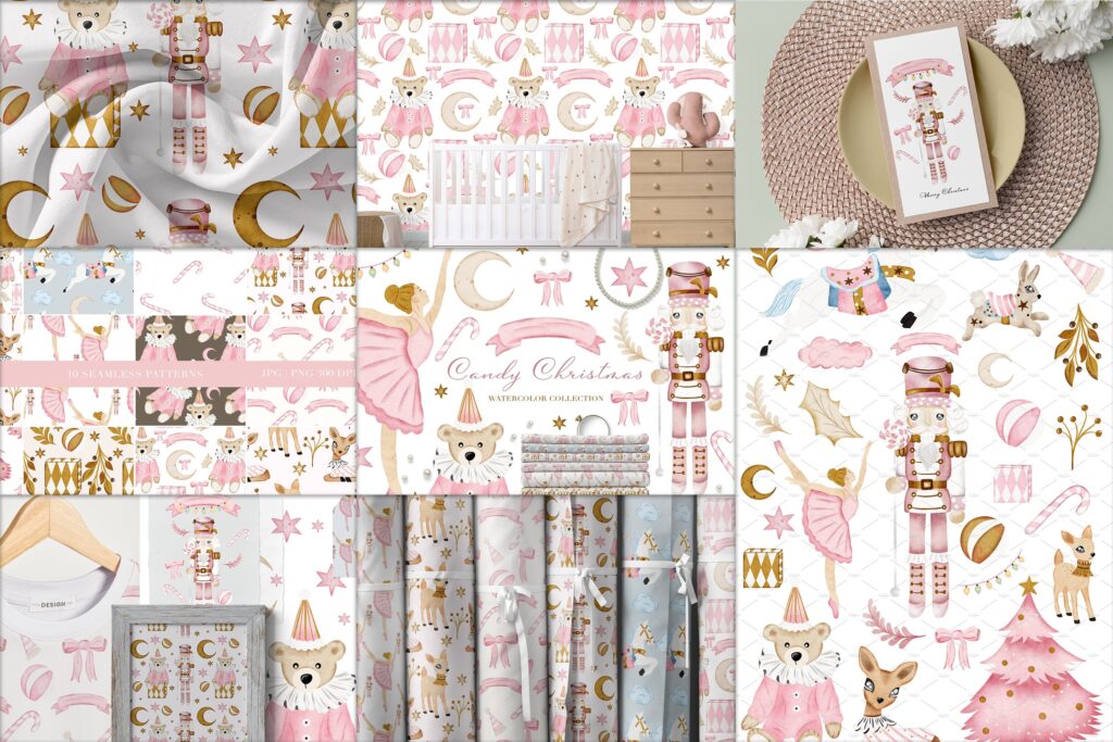 Collage of the preview images of pink-candy-christmas collection of seamless patterns