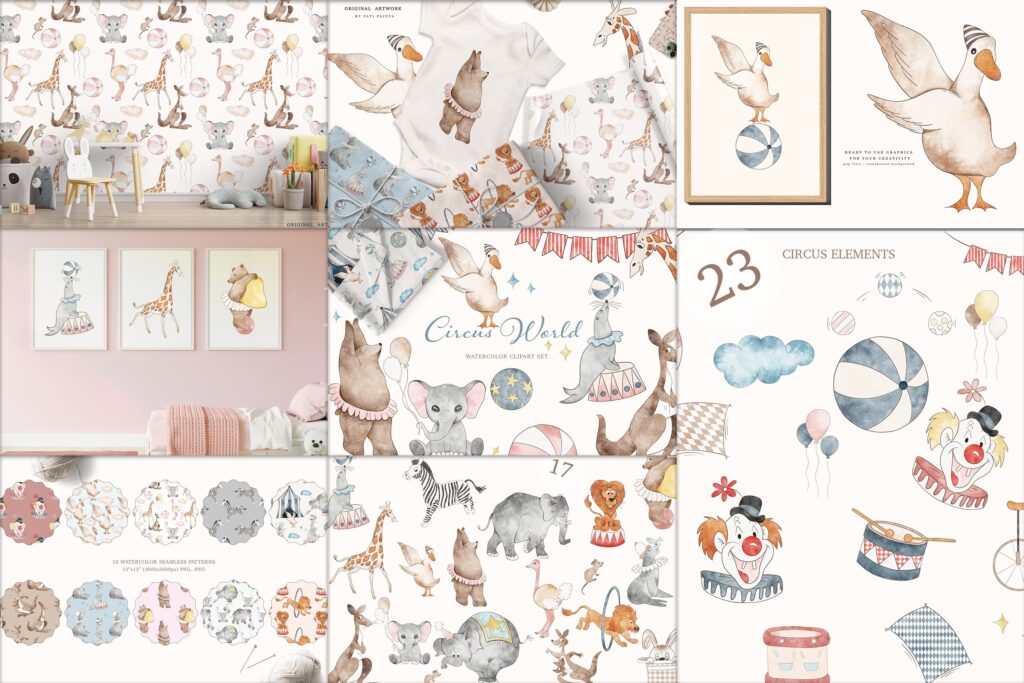 Collage of the preview images of circus-world watercolor clipart collection