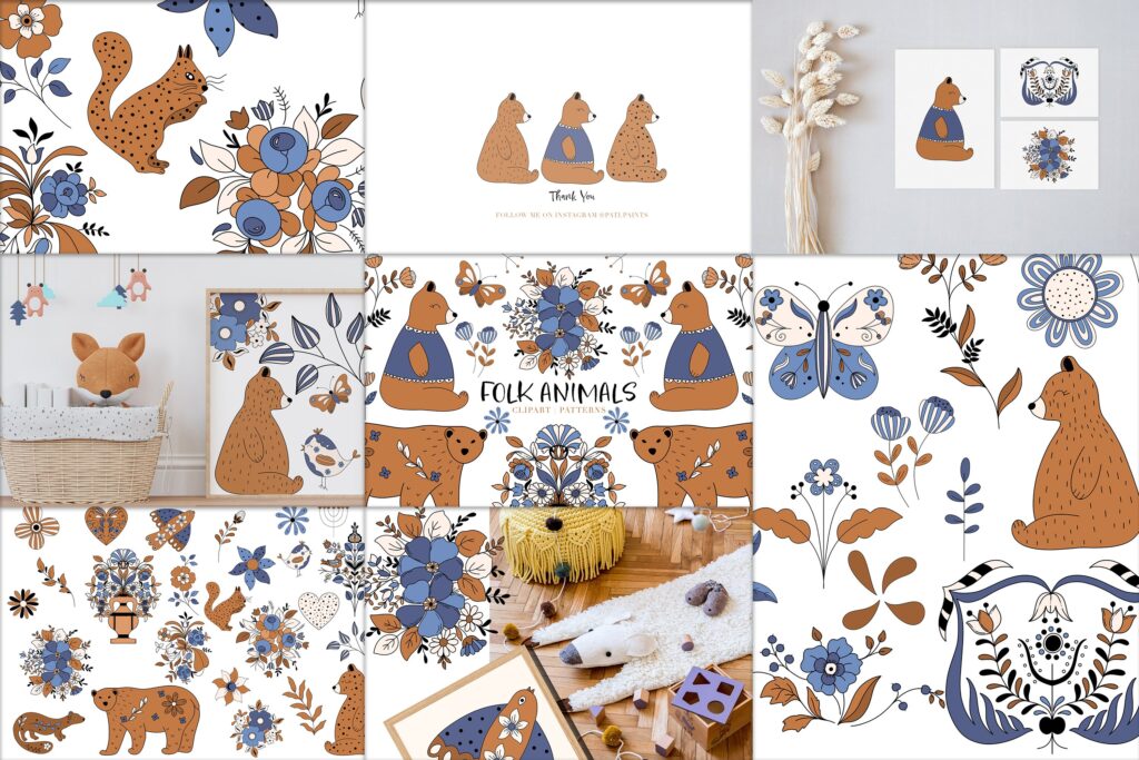 folk-animals clipart and patterns collection Collage of the preview images of folk-animals clipart and patterns collection