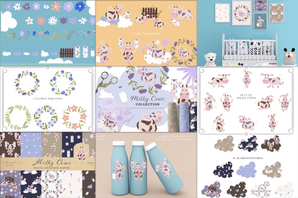 Collage of the preview images of milky-cows-collection of elements, patterns and illustrations