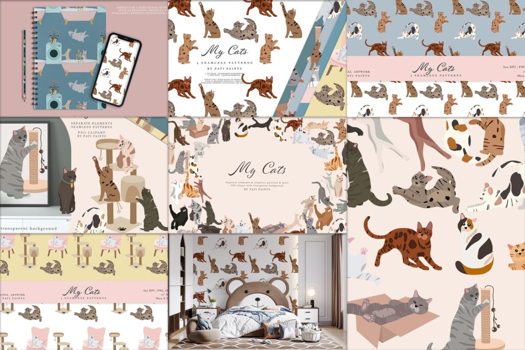 Collage of the preview images of cats-collection of elements, seamless patterns, png clipart with transparent background