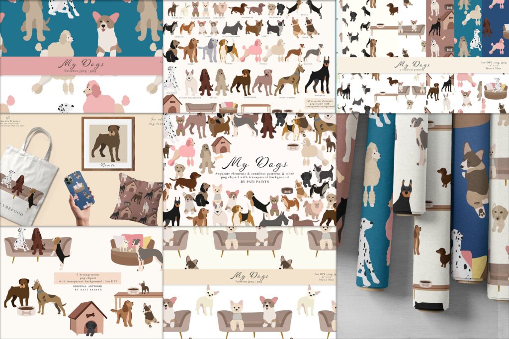 dogs-collection of elements, seamless patterns, png clipart with transparent background