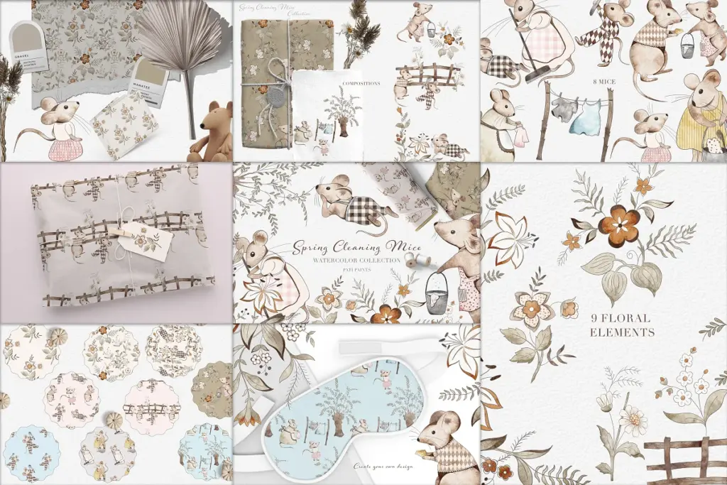 spring-cleaning-mouse watercolor collection of floral elements, mice and compositions