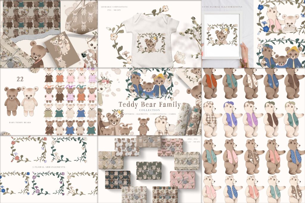 teddy-bear-family collection of patterns elements, cards and illustrations teddy-bear-family collection of patterns elements, cards and illustrations