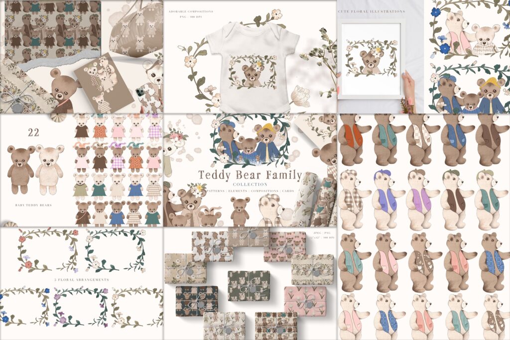 teddy-bear-family collection of patterns elements, cards and illustrations