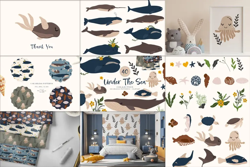 under-the-sea collection of seamless patterns and clipart