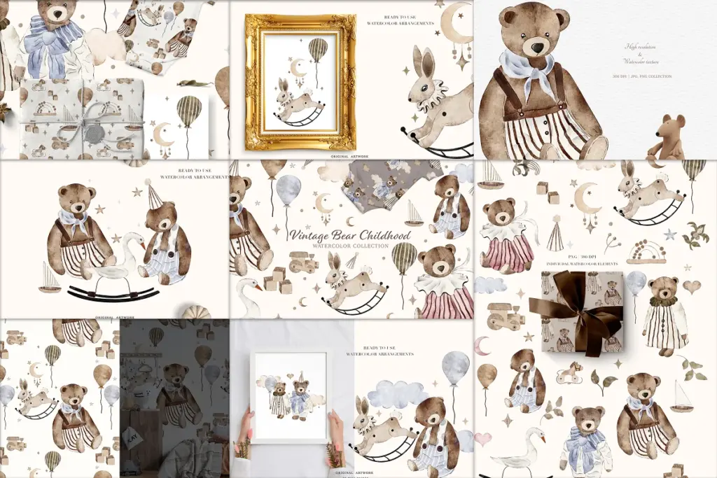 vintage-bear-childhood watercolor collection including clipart, illustrations and seamless patterns