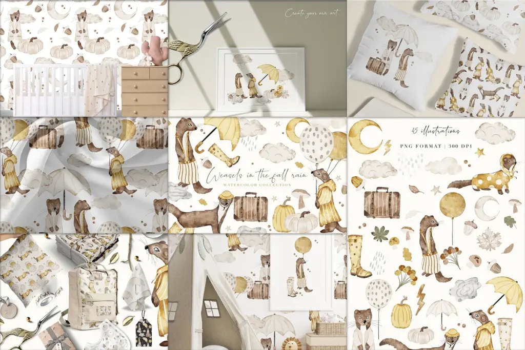 weasels-in-the-rain - watercolor collection of illustrations and seamless patterns Collage of the preview images of weasels-in-the-rain - watercolor collection of illustrations and seamless patterns