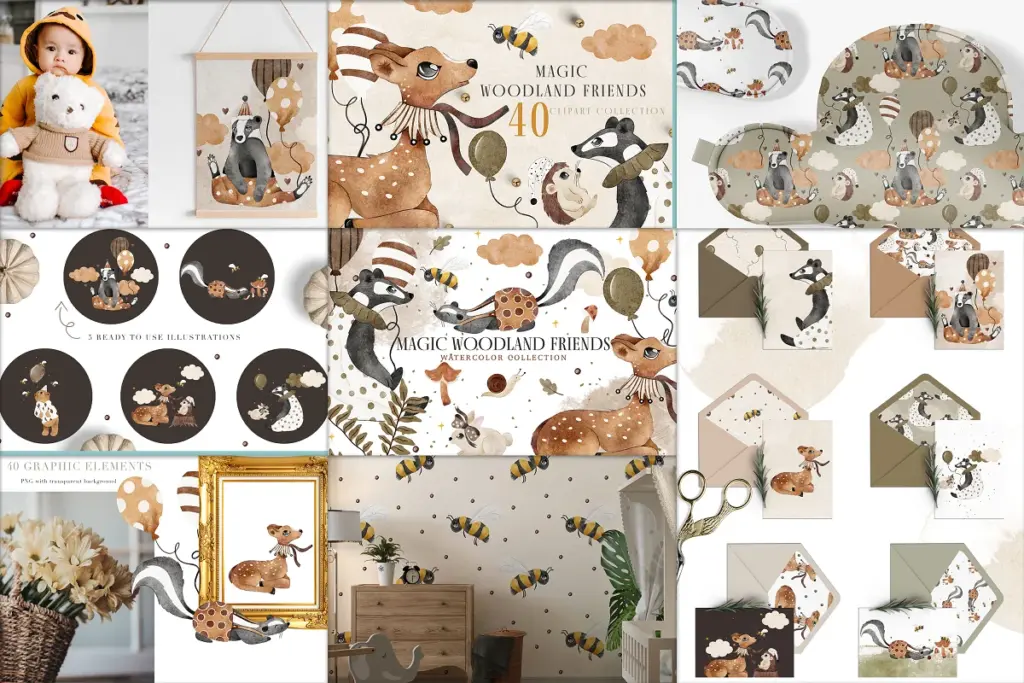 magic-woodland-friends - watercolor collection including - graphic elements, clipart, and seamless patterns