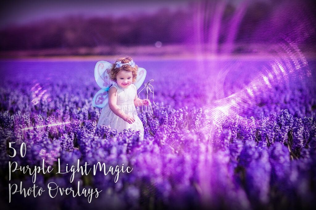 Portrait of an adorable toddler girl in a magic fairy costume and flower crown in her curly hair playing with a wand in a beautiful field of purple hyacinths in Keukenhof, Holland on windy spring day