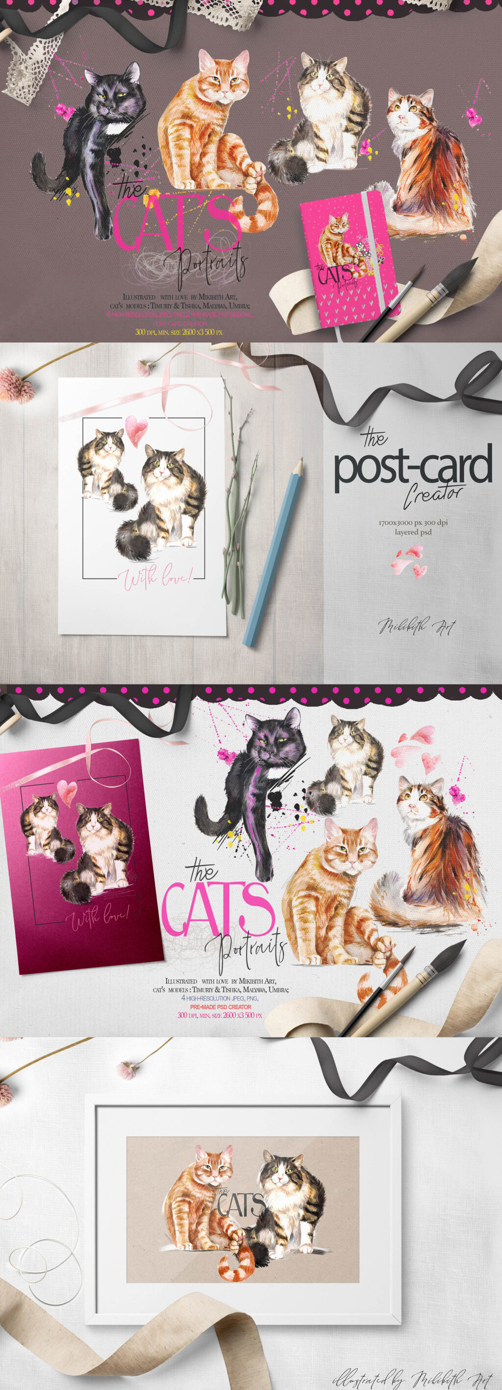 cat portrraits, post cards, elements previews cat portrraits, post cards, elements previews