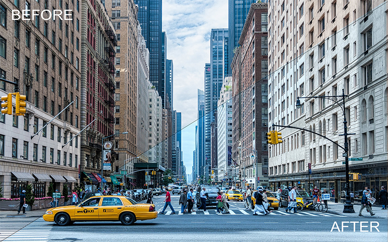 before and after preview of a street image after a photoshop-action application