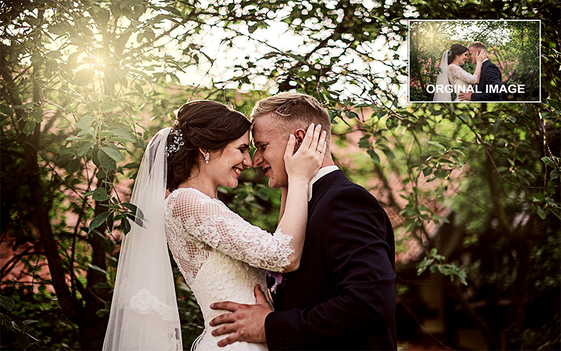 before and after preview of a bride and groom image after a photoshop-action application
