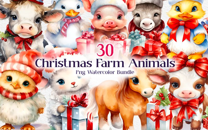 Christmas Farm Animals PNG Watercolor Bundle cover image