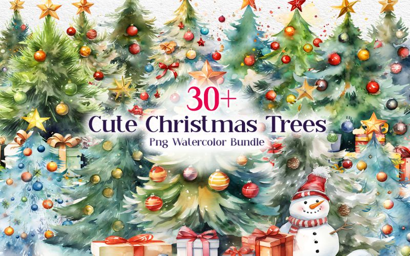 Cute Christmas Trees PNG Watercolor Bundle main cover