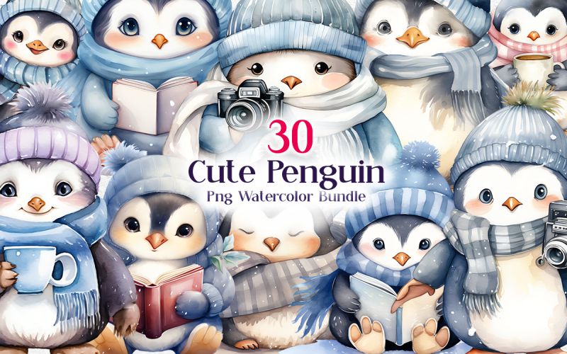 Cute Penguin PNG Watercolor Bundle main cover