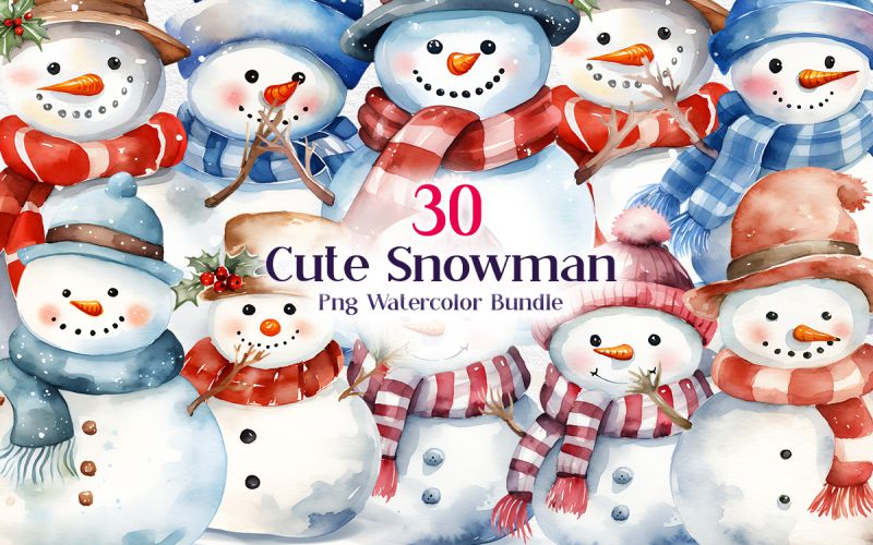 Cute Snowman PNG Watercolor Bundle main cover