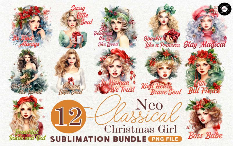 Neo Classical Christmas Girl PNG Sublimation Bundle main cover