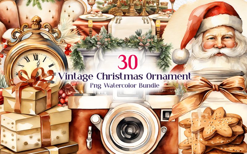 Vintage Christmas Ornament PNG Watercolor Bundle main cover