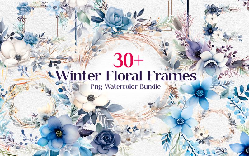Winter Floral Frames PNG Watercolor Bundle main cover