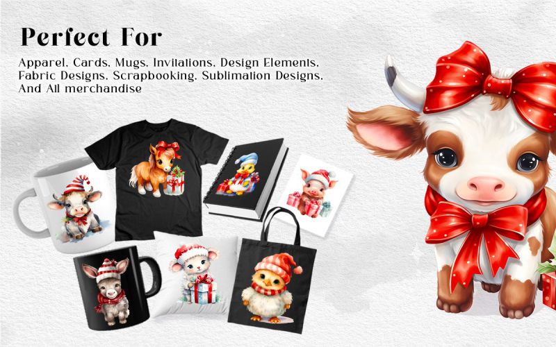 Christmas Farm Animals PNG Watercolor Bundle products preview