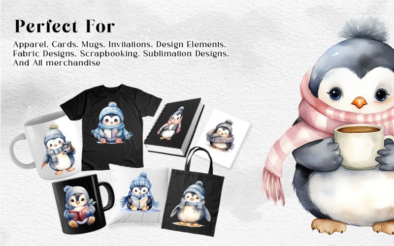 Cute Penguin PNG Watercolor Bundle products preview